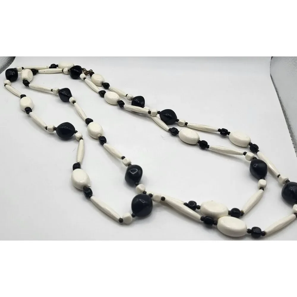 Vintage 70s Extra Long Strand Black White Beaded Necklace 53in